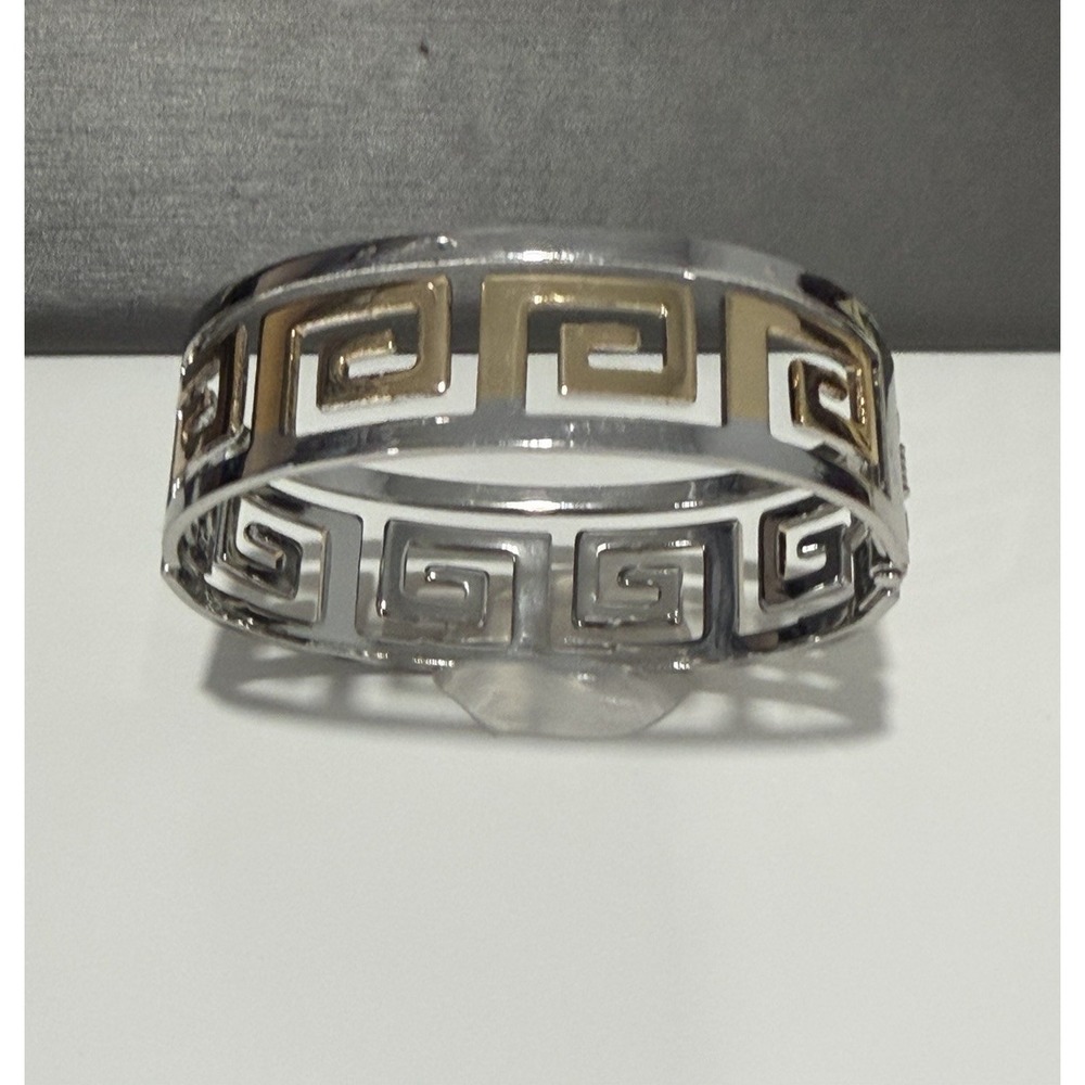 Two Tone Silver Gold Tone Greek Key Oval Hinged Clamper Bangle Bracelet 7"